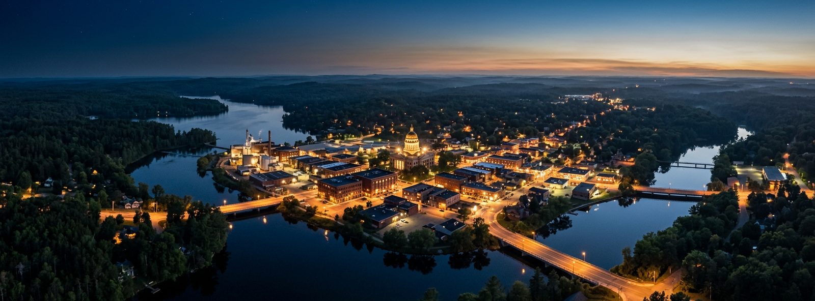 Aerial view of the Rhinelander, Wisconsin skyline at dusk, illustrating the metro area TactStack serves trade and service businesses in