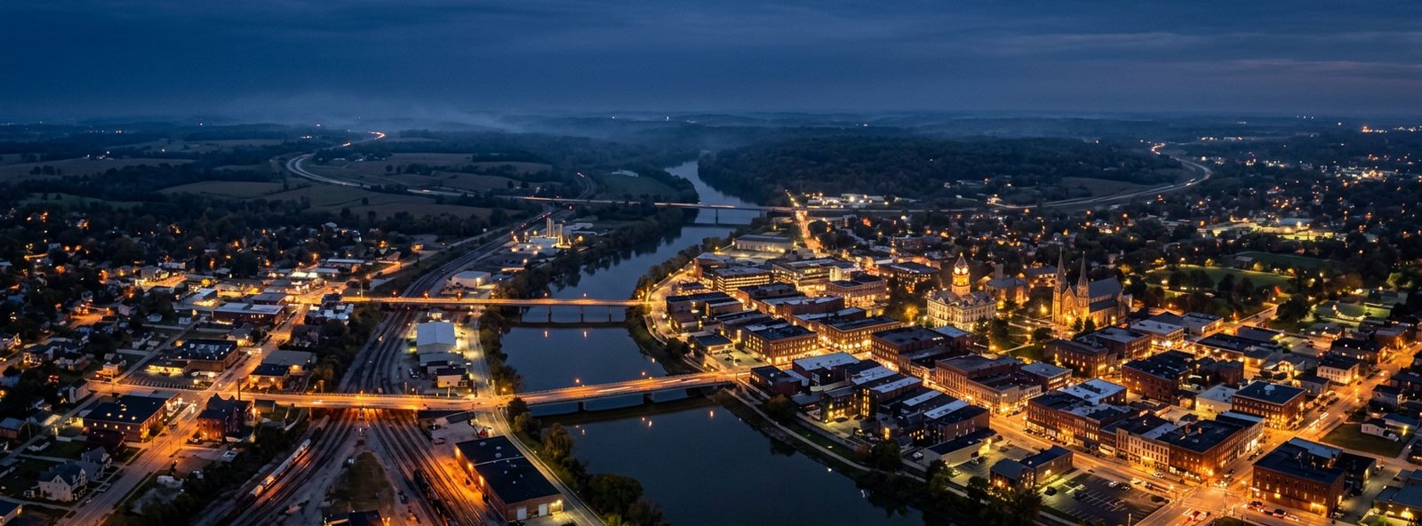 Aerial view of the Richmond, Indiana skyline at dusk, illustrating the metro area TactStack serves trade and service businesses in
