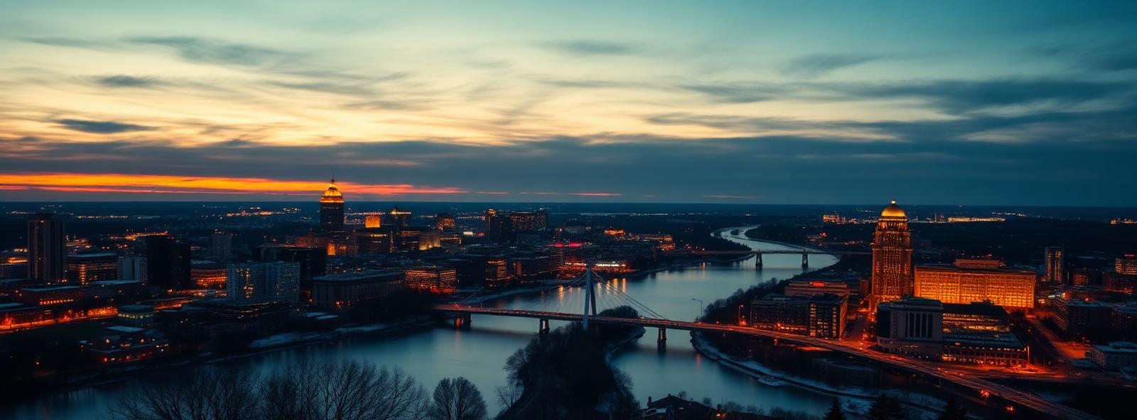 Aerial view of the Rochester, New York skyline at dusk, illustrating the metro area TactStack serves trade and service businesses in