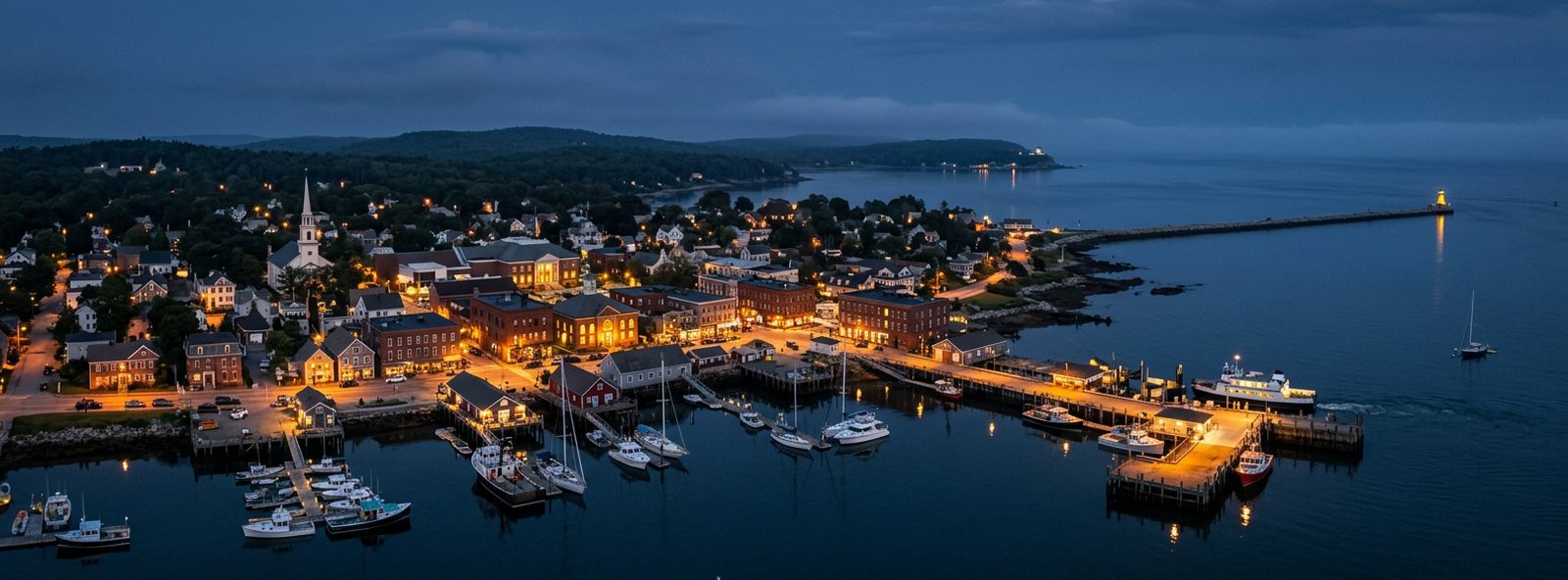 Aerial view of the Rockland, Maine skyline at dusk, illustrating the metro area TactStack serves trade and service businesses in