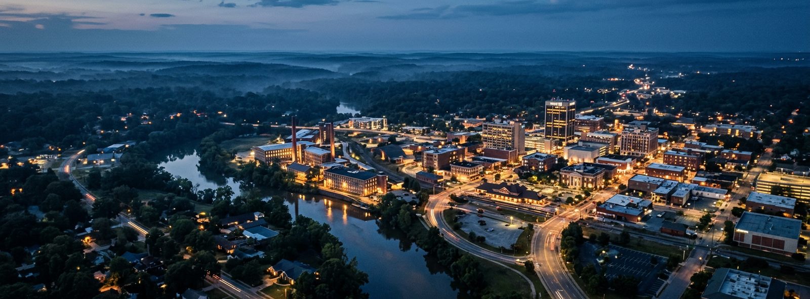Aerial view of the Rocky Mount, North Carolina skyline at dusk, illustrating the metro area TactStack serves trade and service businesses in
