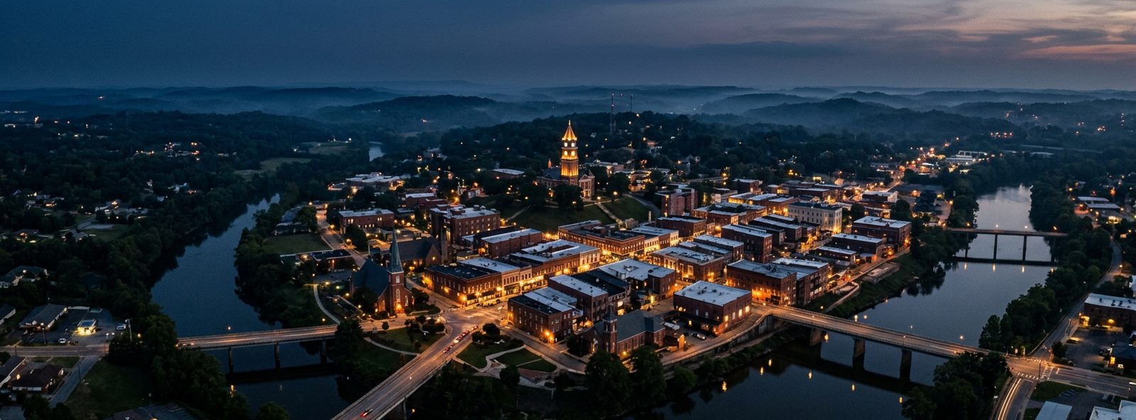 Aerial view of the Rome, Georgia skyline at dusk, illustrating the metro area TactStack serves trade and service businesses in