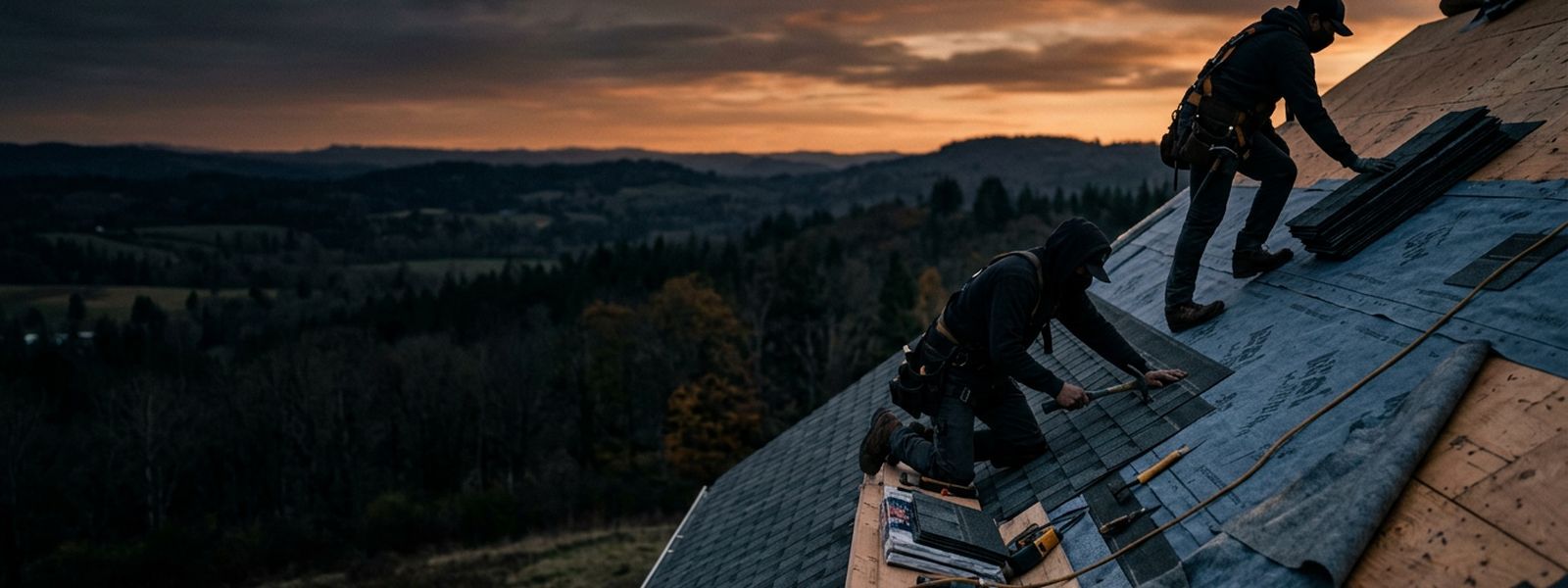 A steep roof mid-shingle with underlayment exposed at golden hour