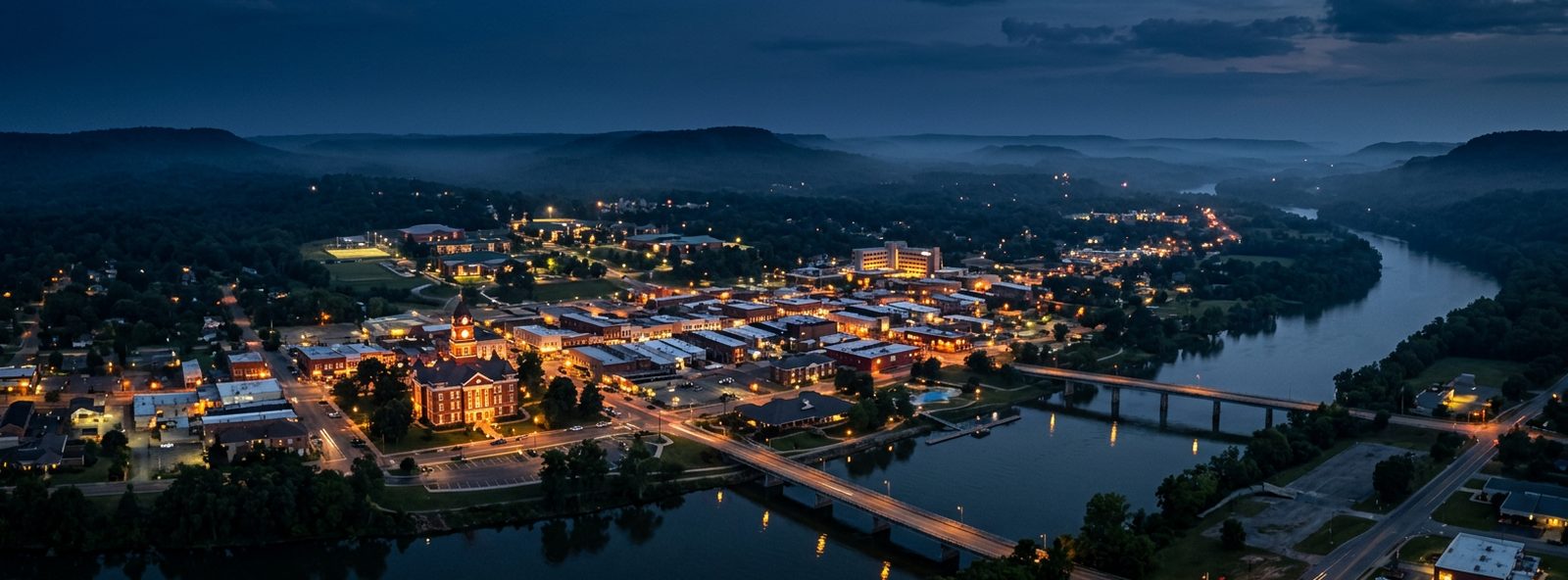 Aerial view of the Russellville, Arkansas skyline at dusk, illustrating the metro area TactStack serves trade and service businesses in