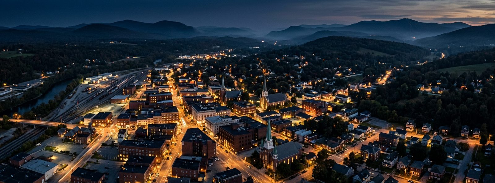 Aerial view of the Rutland, Vermont skyline at dusk, illustrating the metro area TactStack serves trade and service businesses in
