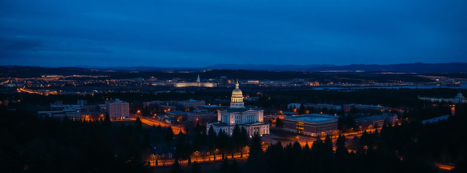 Aerial view of the Salem, Oregon skyline at dusk, illustrating the metro area TactStack serves trade and service businesses in