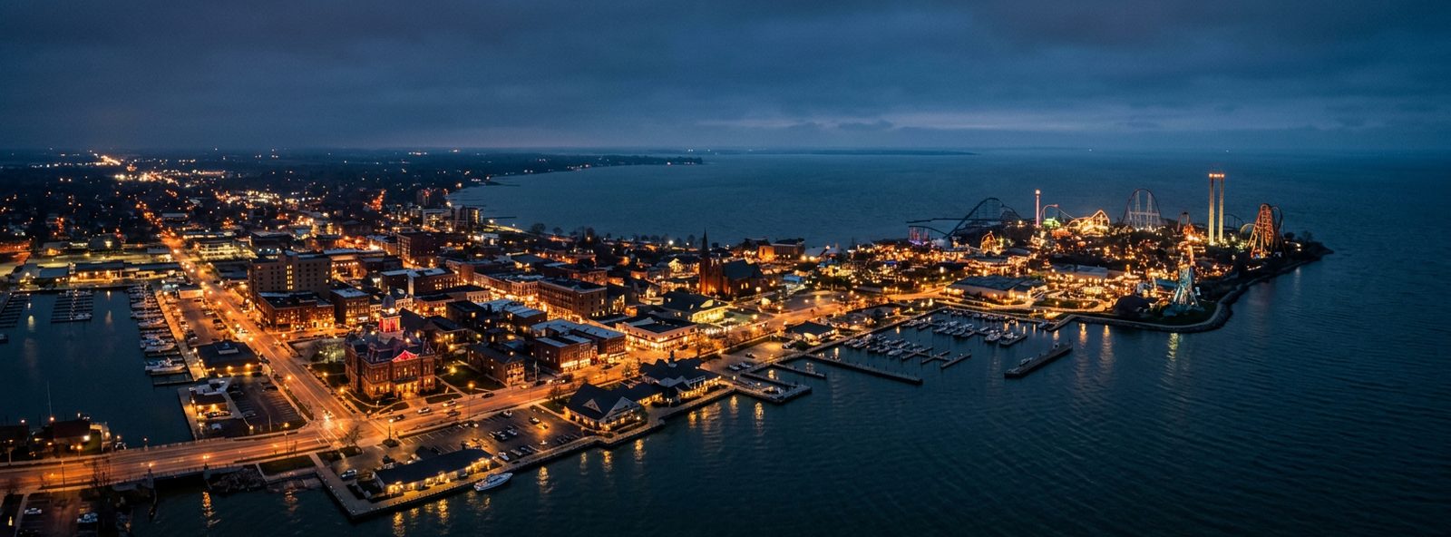 Aerial view of the Sandusky, Ohio skyline at dusk, illustrating the metro area TactStack serves trade and service businesses in