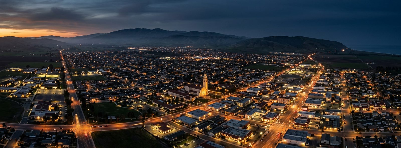 Aerial view of the Santa Maria, California skyline at dusk, illustrating the metro area TactStack serves trade and service businesses in