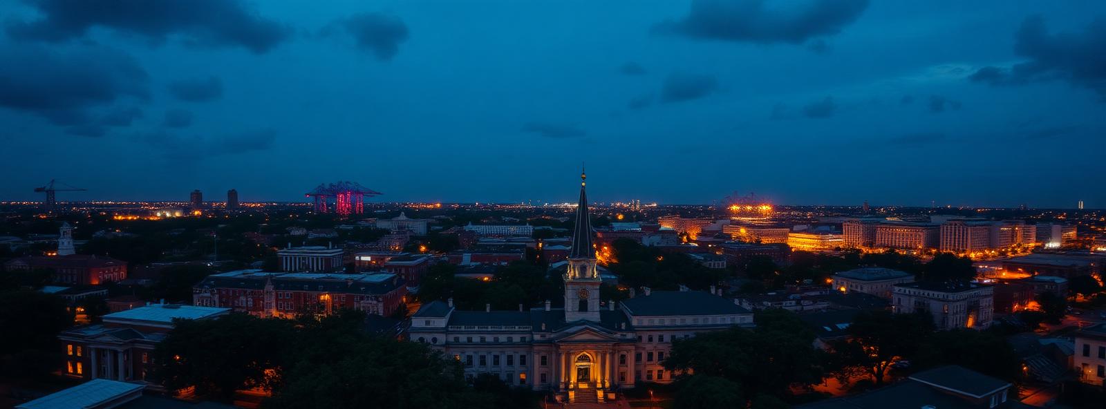 Aerial view of the Savannah, Georgia skyline at dusk, illustrating the metro area TactStack serves trade and service businesses in