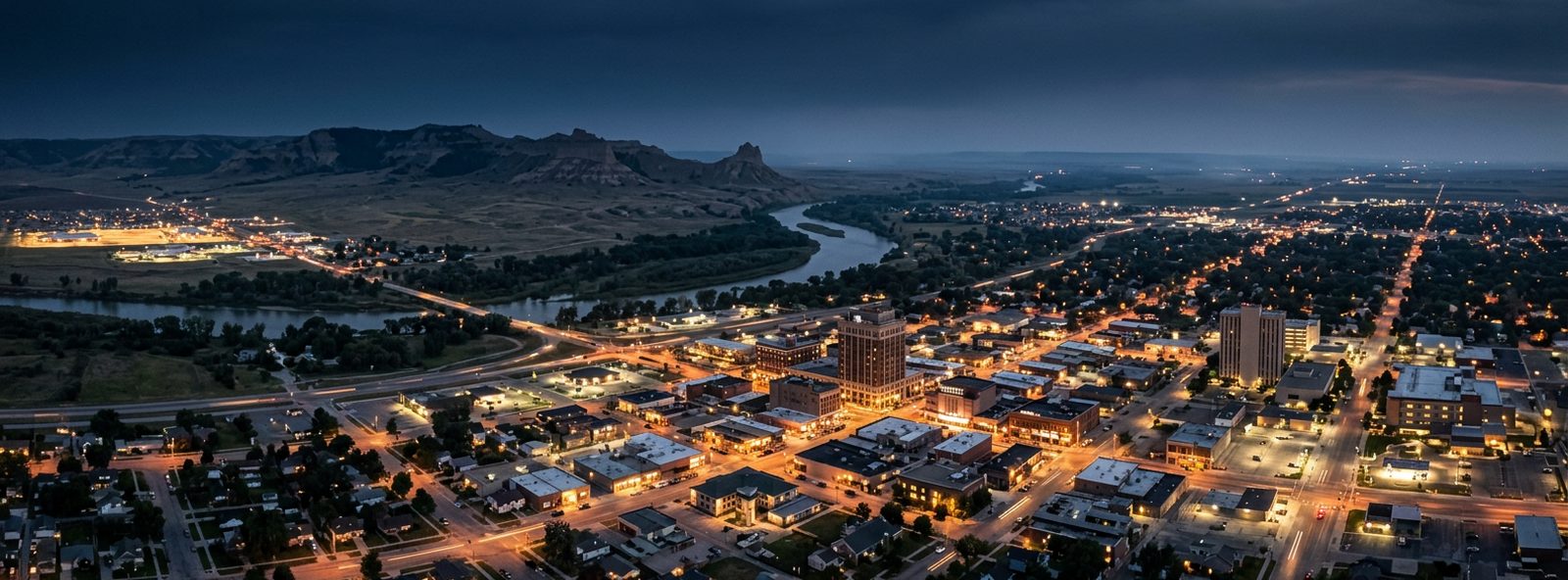 Aerial view of the Scottsbluff, Nebraska skyline at dusk, illustrating the metro area TactStack serves trade and service businesses in