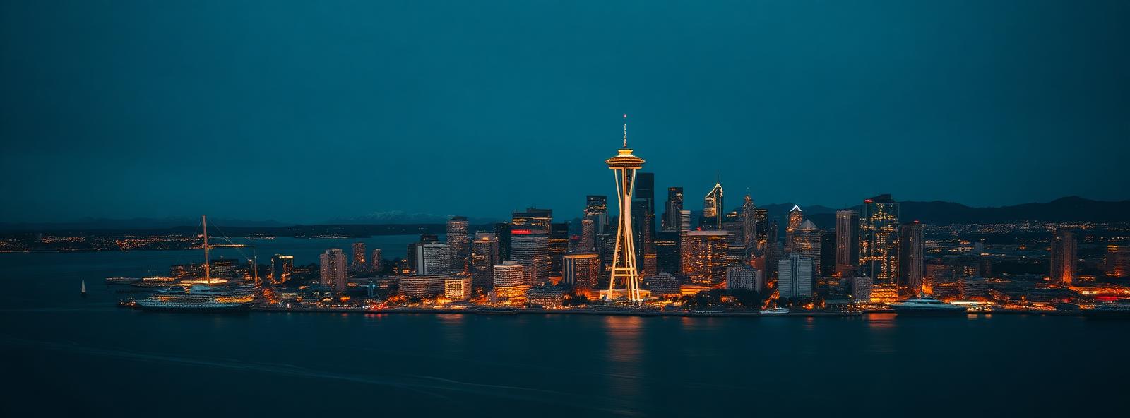 Aerial view of the Seattle, Washington skyline at dusk, illustrating the metro area TactStack serves trade and service businesses in
