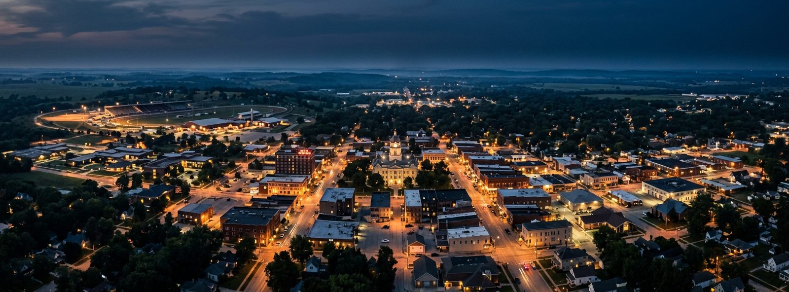 Aerial view of the Sedalia, Missouri skyline at dusk, illustrating the metro area TactStack serves trade and service businesses in