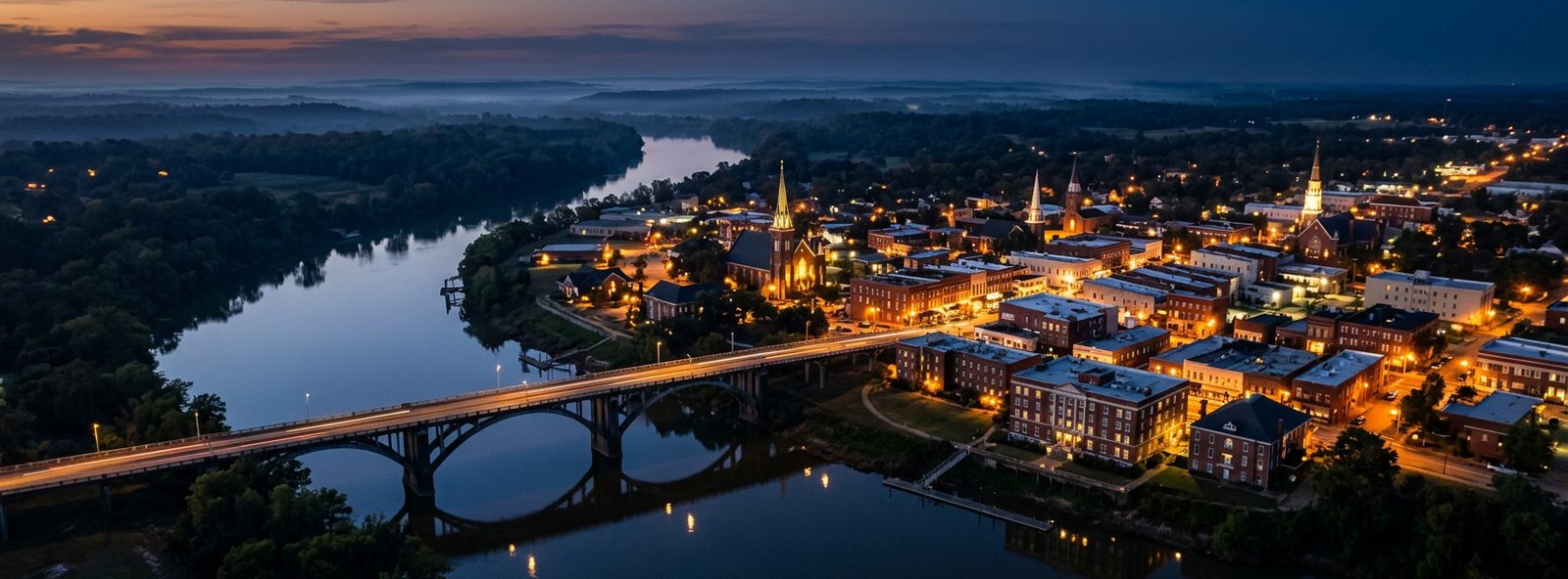 Aerial view of the Selma, Alabama skyline at dusk, illustrating the metro area TactStack serves trade and service businesses in