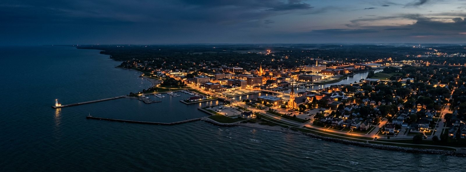 Aerial view of the Sheboygan, Wisconsin skyline at dusk, illustrating the metro area TactStack serves trade and service businesses in