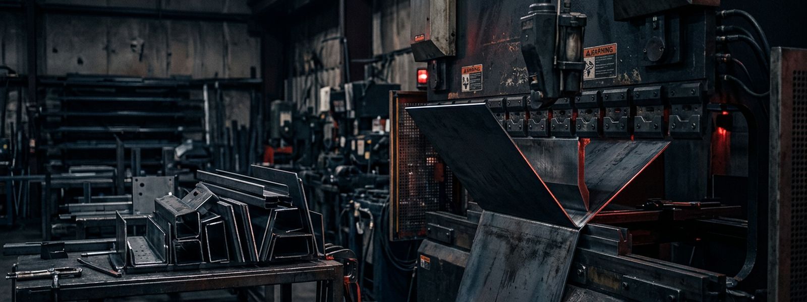 A press brake forming a sheet metal panel with finished bends stacked alongside