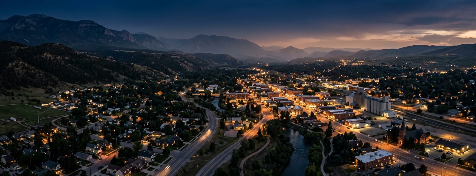 Aerial view of the Sheridan, Wyoming skyline at dusk, illustrating the metro area TactStack serves trade and service businesses in