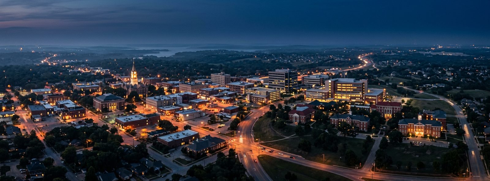 Aerial view of the Sherman, Texas skyline at dusk, illustrating the metro area TactStack serves trade and service businesses in