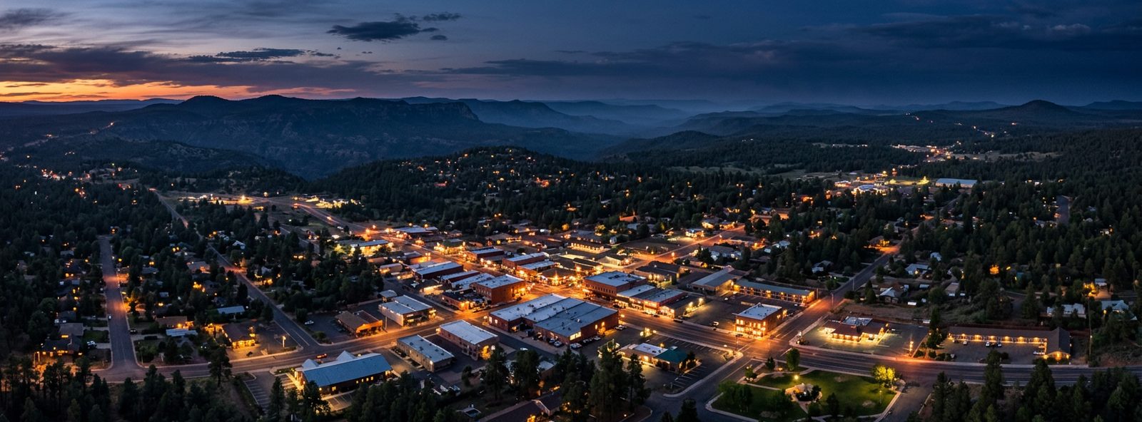 Aerial view of the Show Low, Arizona skyline at dusk, illustrating the metro area TactStack serves trade and service businesses in