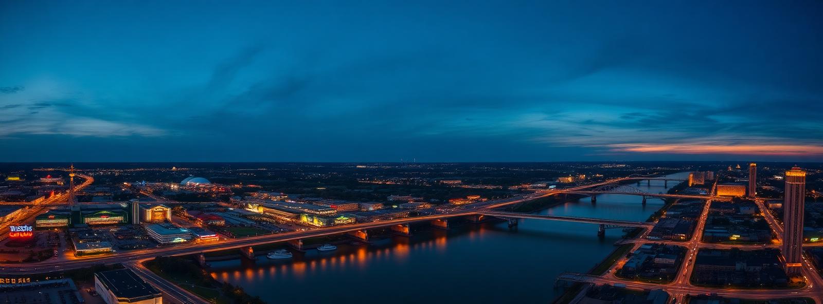 Aerial view of the Shreveport, Louisiana skyline at dusk, illustrating the metro area TactStack serves trade and service businesses in