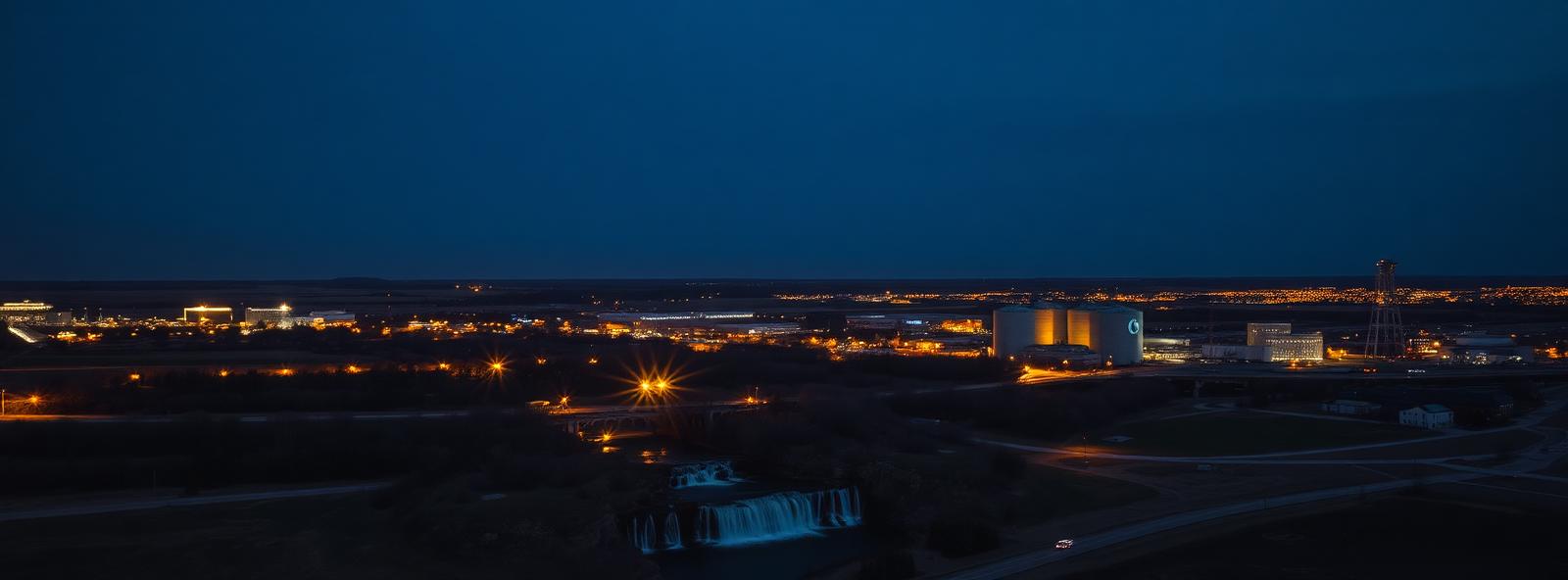 Aerial view of the Sioux Falls, South Dakota skyline at dusk, illustrating the metro area TactStack serves trade and service businesses in