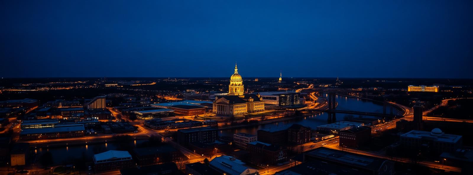 Aerial view of the South Bend, Indiana skyline at dusk, illustrating the metro area TactStack serves trade and service businesses in