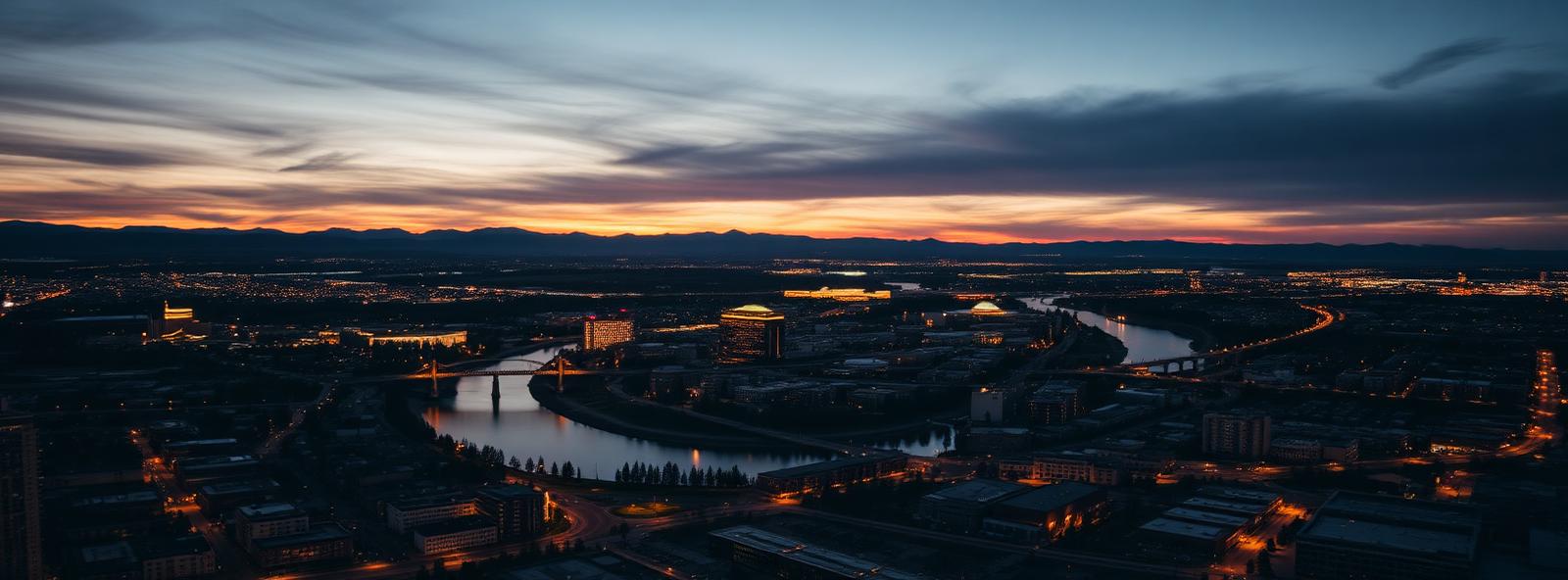 Aerial view of the Spokane, Washington skyline at dusk, illustrating the metro area TactStack serves trade and service businesses in