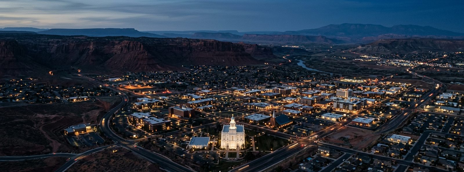 Aerial view of the St. George, Utah skyline at dusk, illustrating the metro area TactStack serves trade and service businesses in