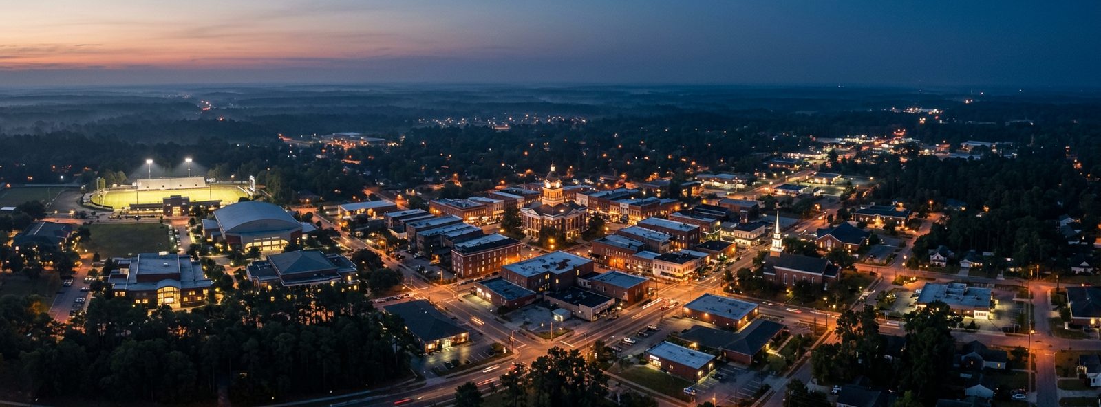 Aerial view of the Statesboro, Georgia skyline at dusk, illustrating the metro area TactStack serves trade and service businesses in