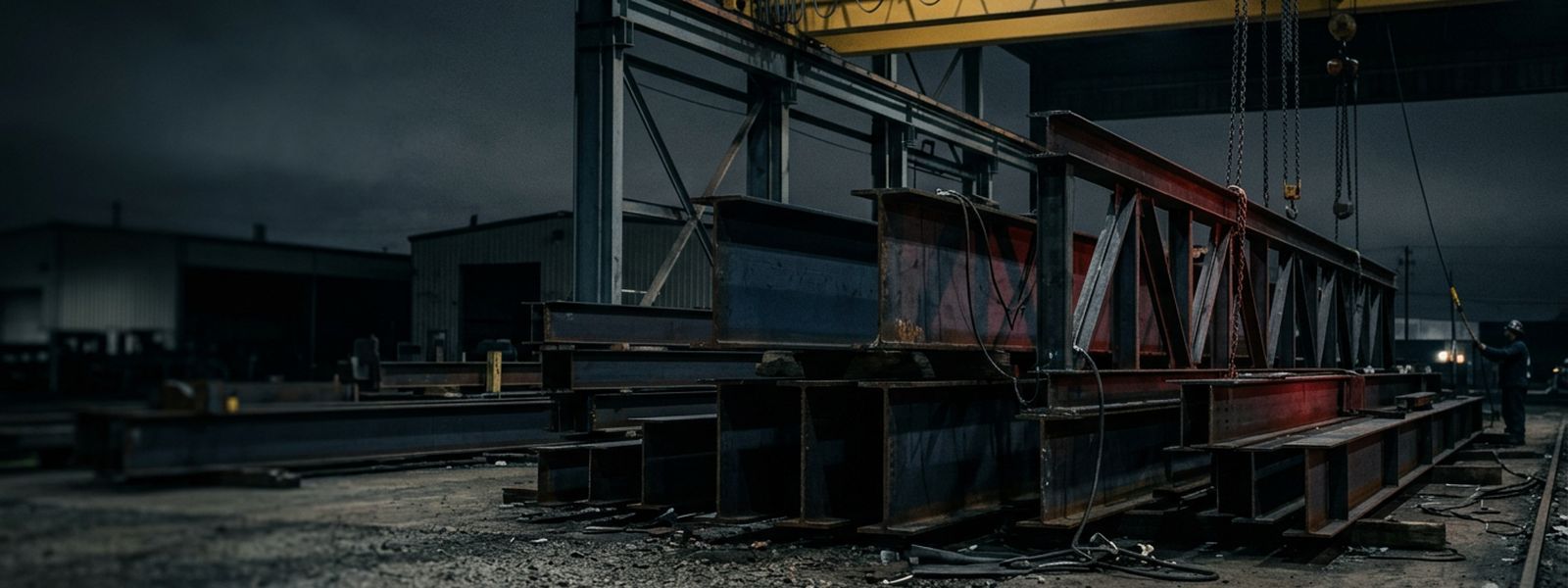 Structural steel beams staged under an overhead crane in a fabrication yard