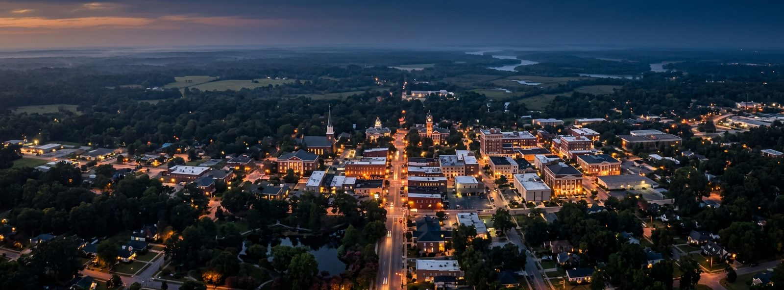 Aerial view of the Sumter, South Carolina skyline at dusk, illustrating the metro area TactStack serves trade and service businesses in