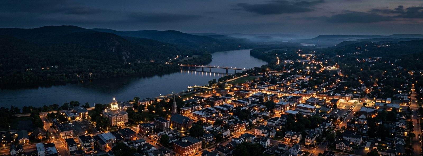 Aerial view of the Sunbury, Pennsylvania skyline at dusk, illustrating the metro area TactStack serves trade and service businesses in