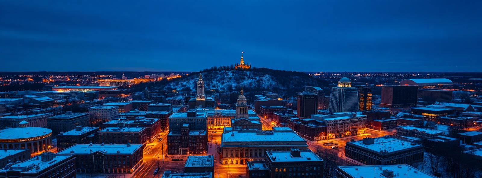 Aerial view of the Syracuse, New York skyline at dusk, illustrating the metro area TactStack serves trade and service businesses in