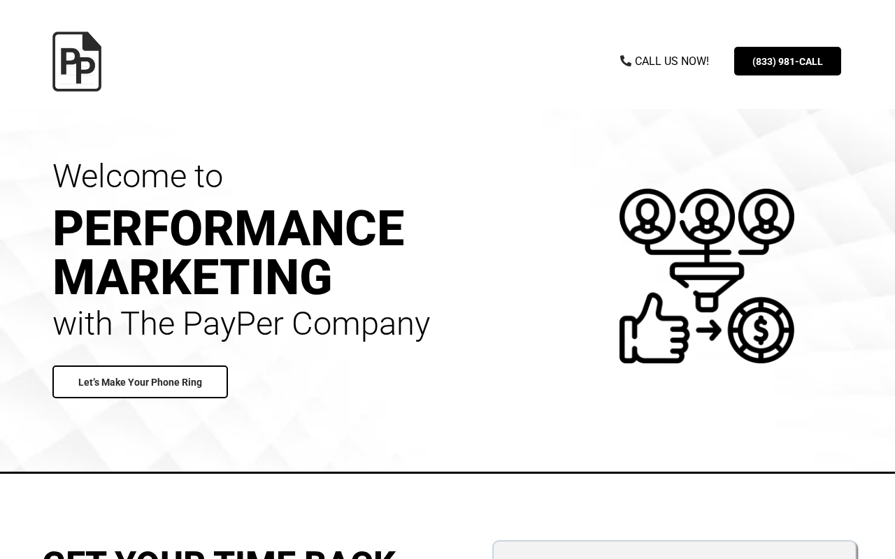 The PayPer Company homepage with a performance marketing headline and call-tracking phone number