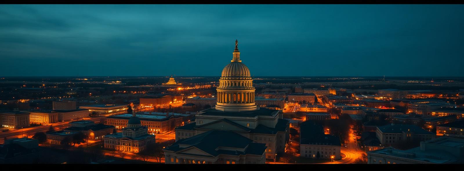 Aerial view of the Topeka, Kansas skyline at dusk, illustrating the metro area TactStack serves trade and service businesses in