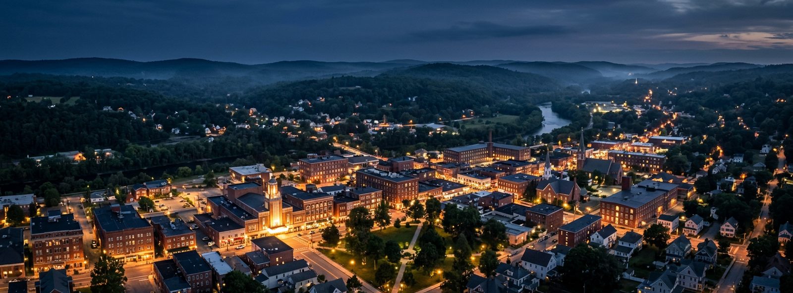 Aerial view of the Torrington, Connecticut skyline at dusk, illustrating the metro area TactStack serves trade and service businesses in