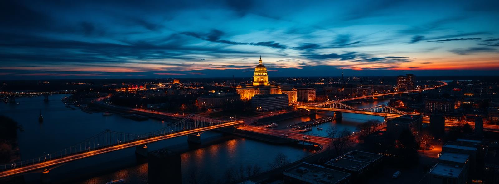 Aerial view of the Trenton, New Jersey skyline at dusk, illustrating the metro area TactStack serves trade and service businesses in