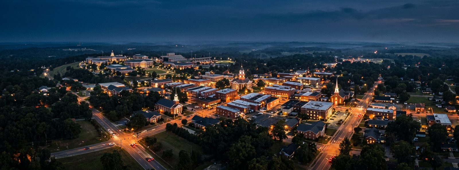 Aerial view of the Troy, Alabama skyline at dusk, illustrating the metro area TactStack serves trade and service businesses in