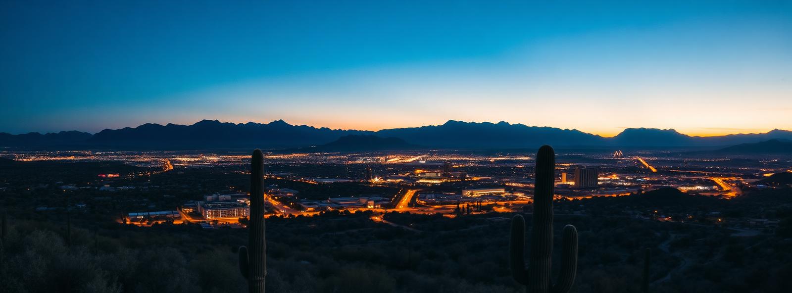 Aerial view of the Tucson, Arizona skyline at dusk, illustrating the metro area TactStack serves trade and service businesses in