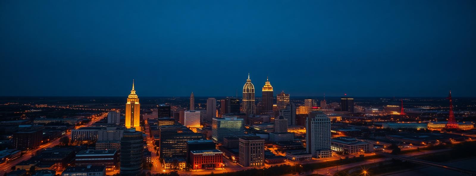 Aerial view of the Tulsa, Oklahoma skyline at dusk, illustrating the metro area TactStack serves trade and service businesses in