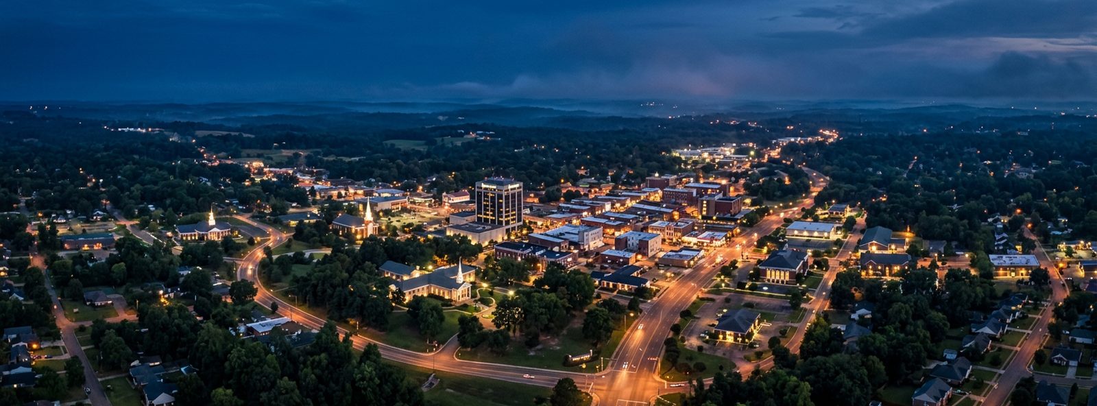 Aerial view of the Tupelo, Mississippi skyline at dusk, illustrating the metro area TactStack serves trade and service businesses in