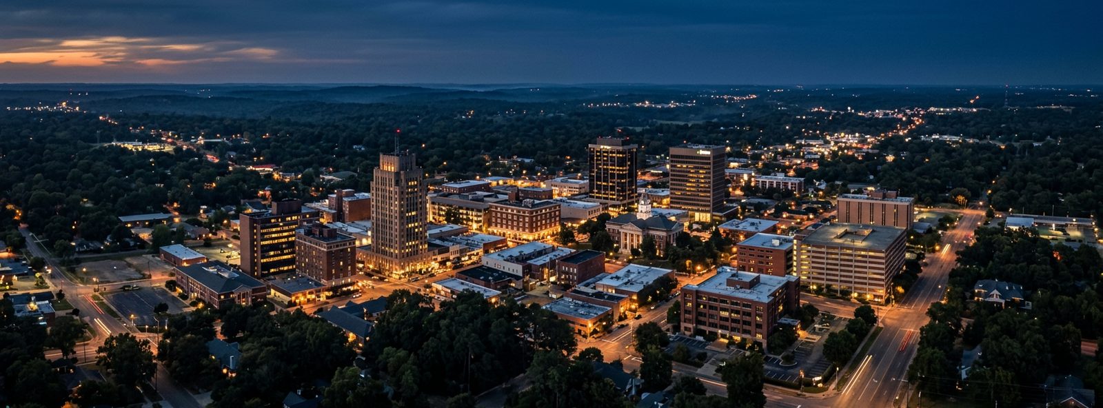 Aerial view of the Tyler, Texas skyline at dusk, illustrating the metro area TactStack serves trade and service businesses in