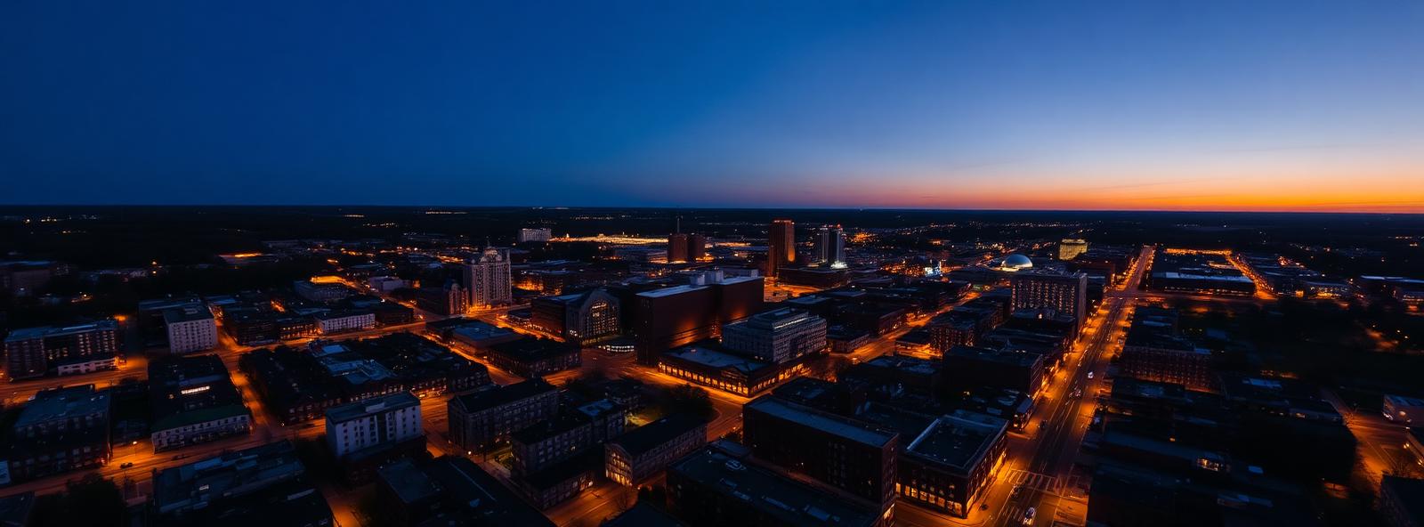 Aerial view of the Utica, New York skyline at dusk, illustrating the metro area TactStack serves trade and service businesses in