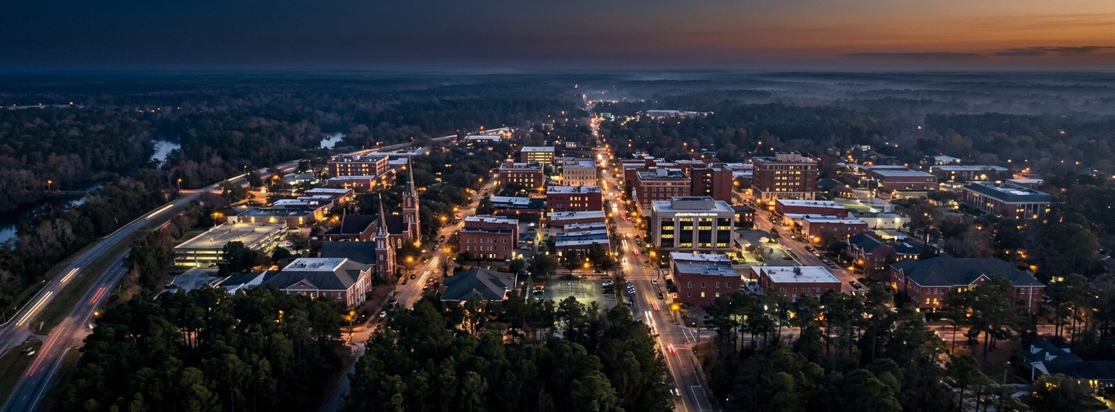 Aerial view of the Valdosta, Georgia skyline at dusk, illustrating the metro area TactStack serves trade and service businesses in