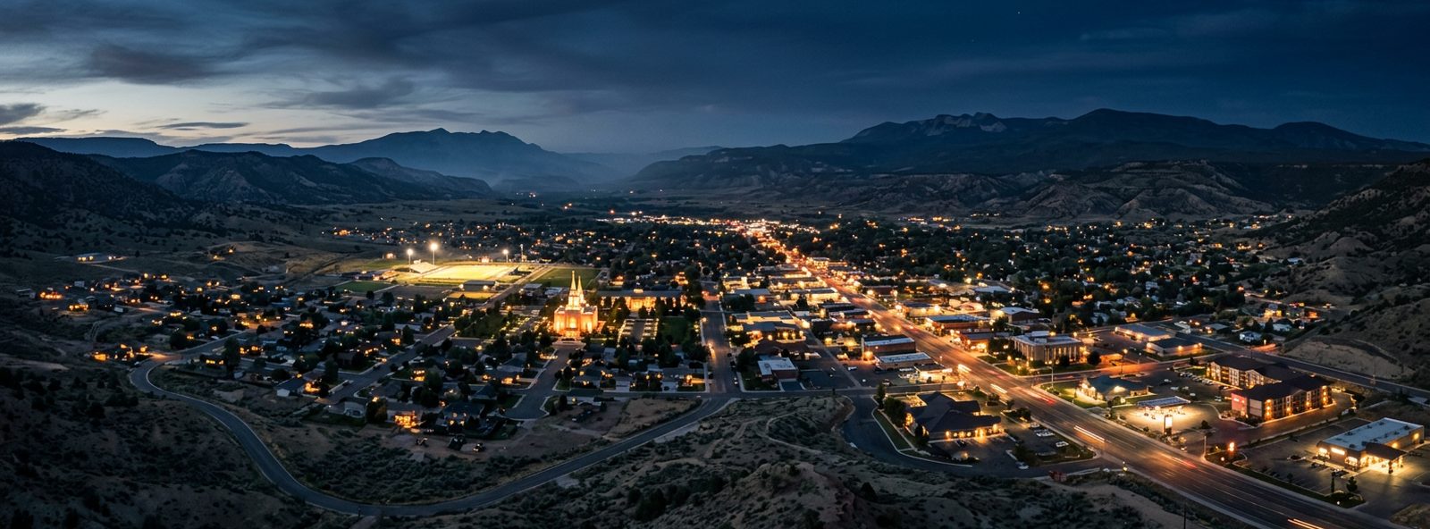 Aerial view of the Vernal, Utah skyline at dusk, illustrating the metro area TactStack serves trade and service businesses in