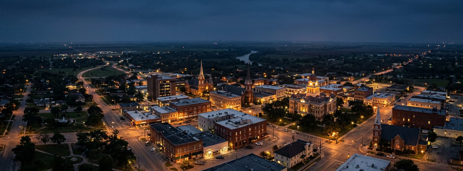 Aerial view of the Victoria, Texas skyline at dusk, illustrating the metro area TactStack serves trade and service businesses in