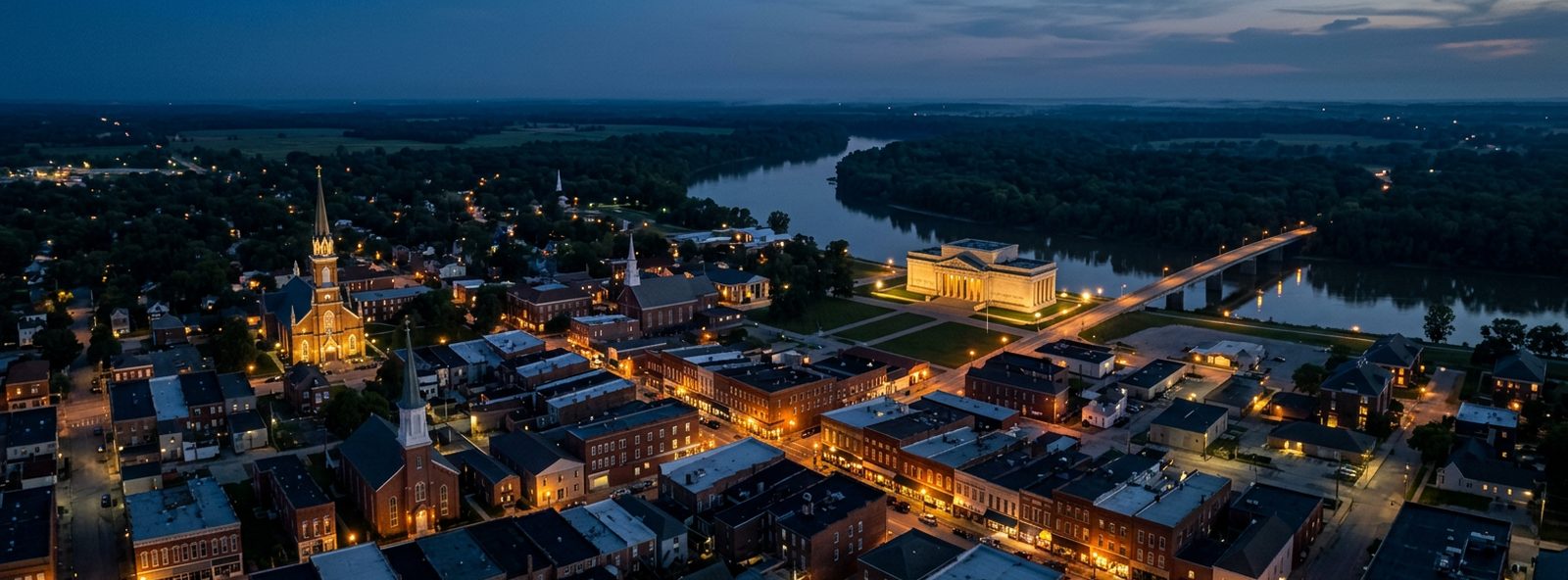 Aerial view of the Vincennes, Indiana skyline at dusk, illustrating the metro area TactStack serves trade and service businesses in