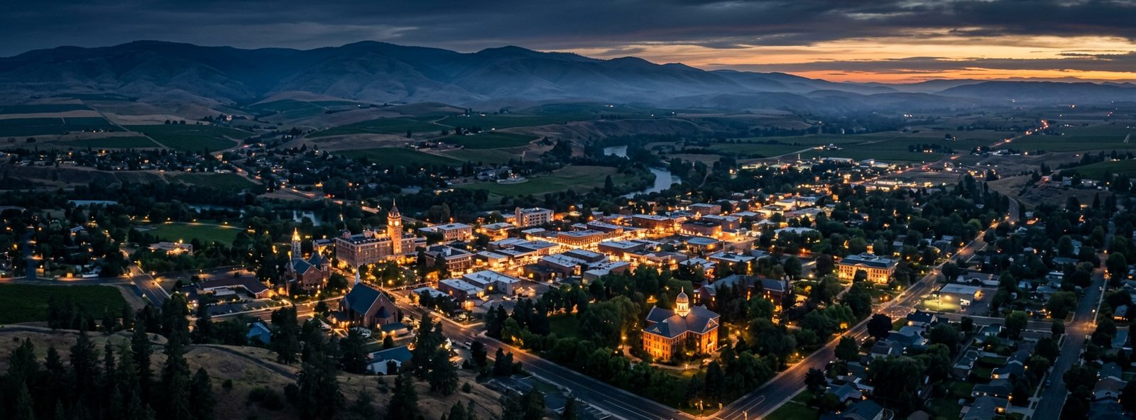 Aerial view of the Walla Walla, Washington skyline at dusk, illustrating the metro area TactStack serves trade and service businesses in