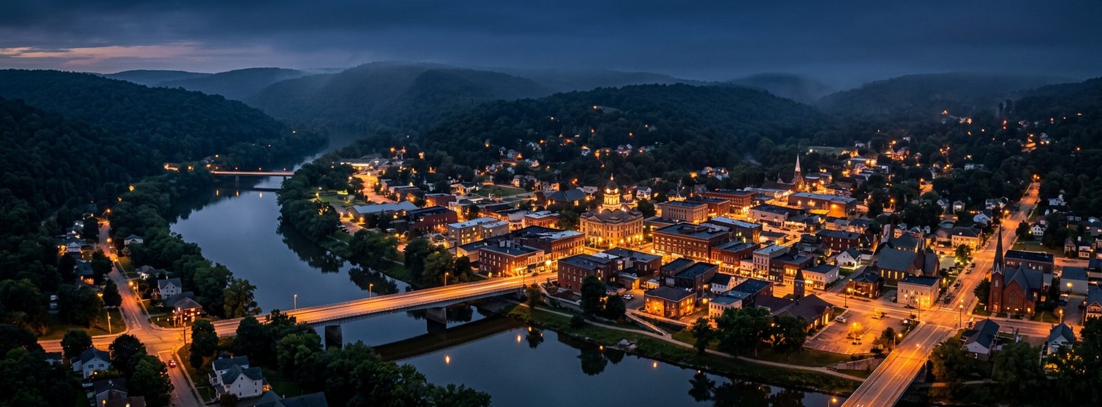 Aerial view of the Warren, Pennsylvania skyline at dusk, illustrating the metro area TactStack serves trade and service businesses in