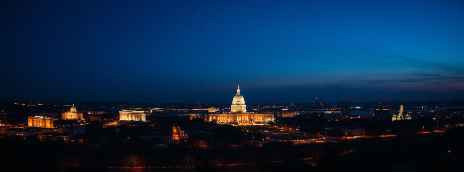 Aerial view of the Washington, District of Columbia skyline at dusk, illustrating the metro area TactStack serves trade and service businesses in