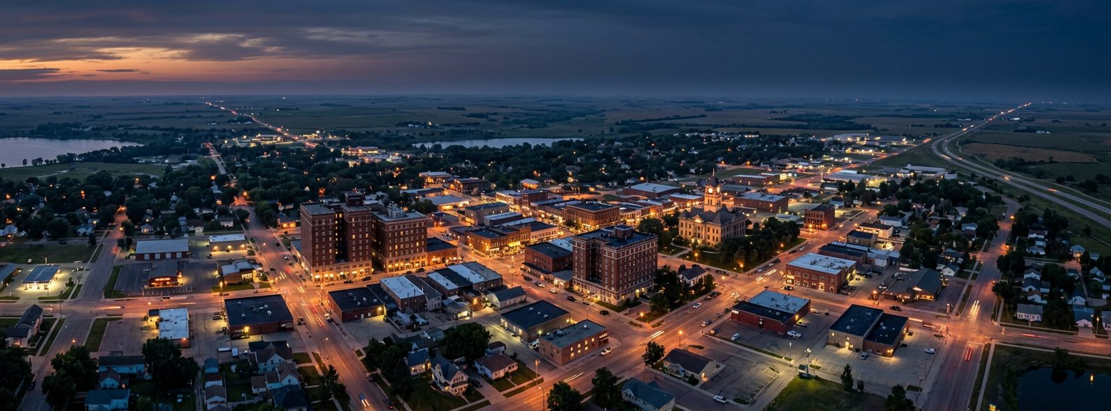 Aerial view of the Watertown, South Dakota skyline at dusk, illustrating the metro area TactStack serves trade and service businesses in